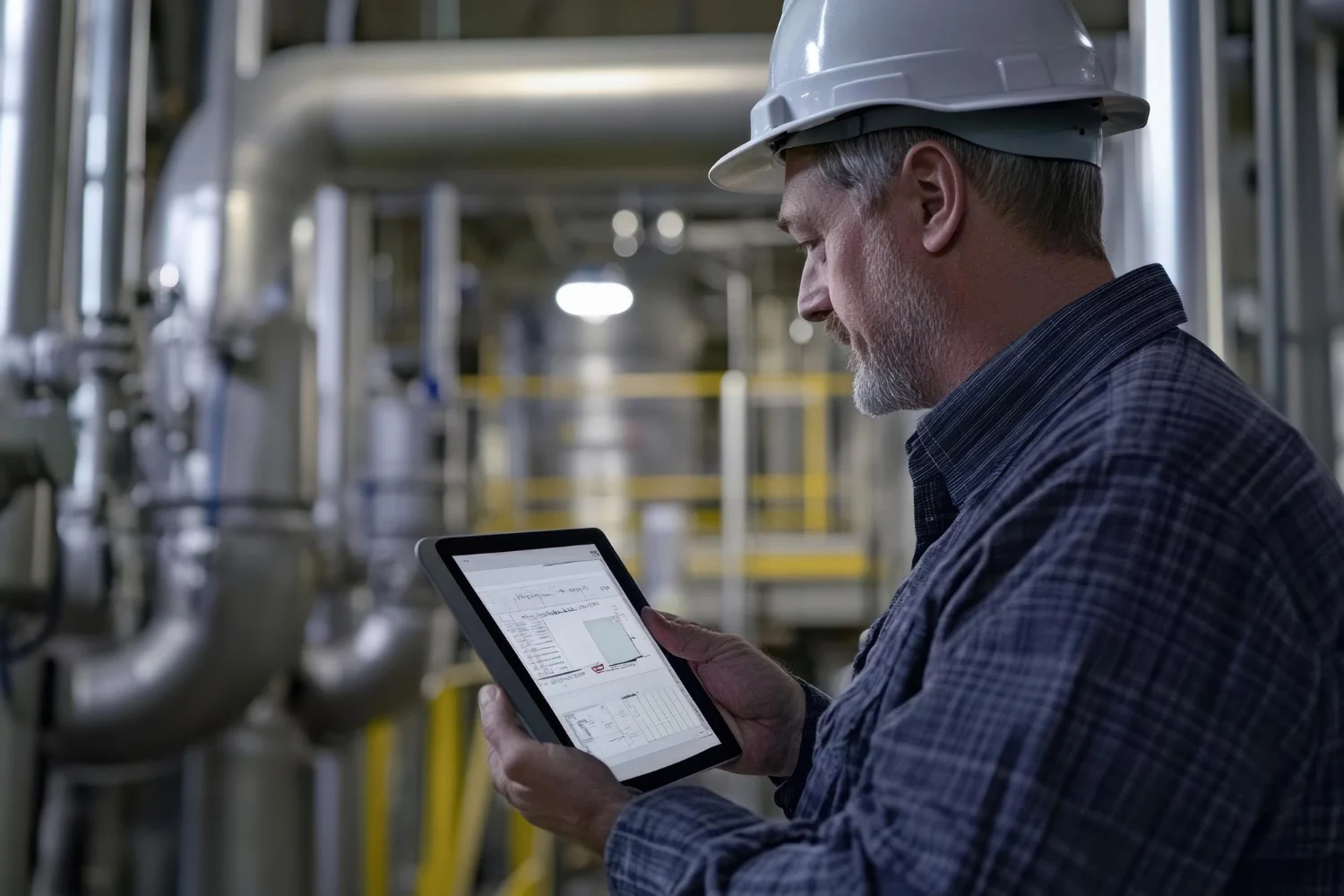 An engineer reviewing technical schematics on a tablet, showcasing industrial web design and manufacturing marketing intelligence provided by Pixerts.