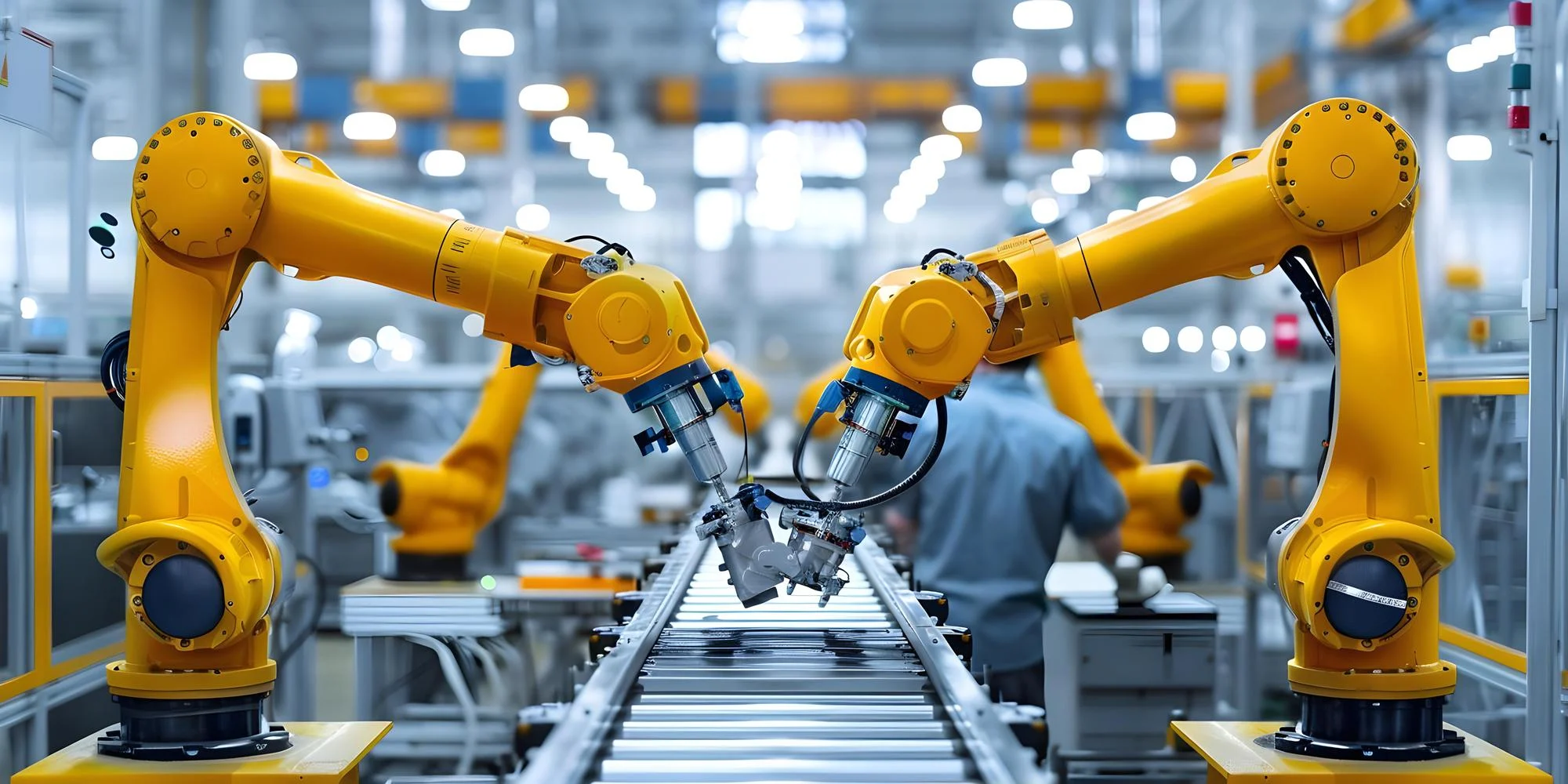 Advanced industrial robotics and automation assembly line representing the high-tech manufacturing sectors Pixerts supports with B2B industrial web design.