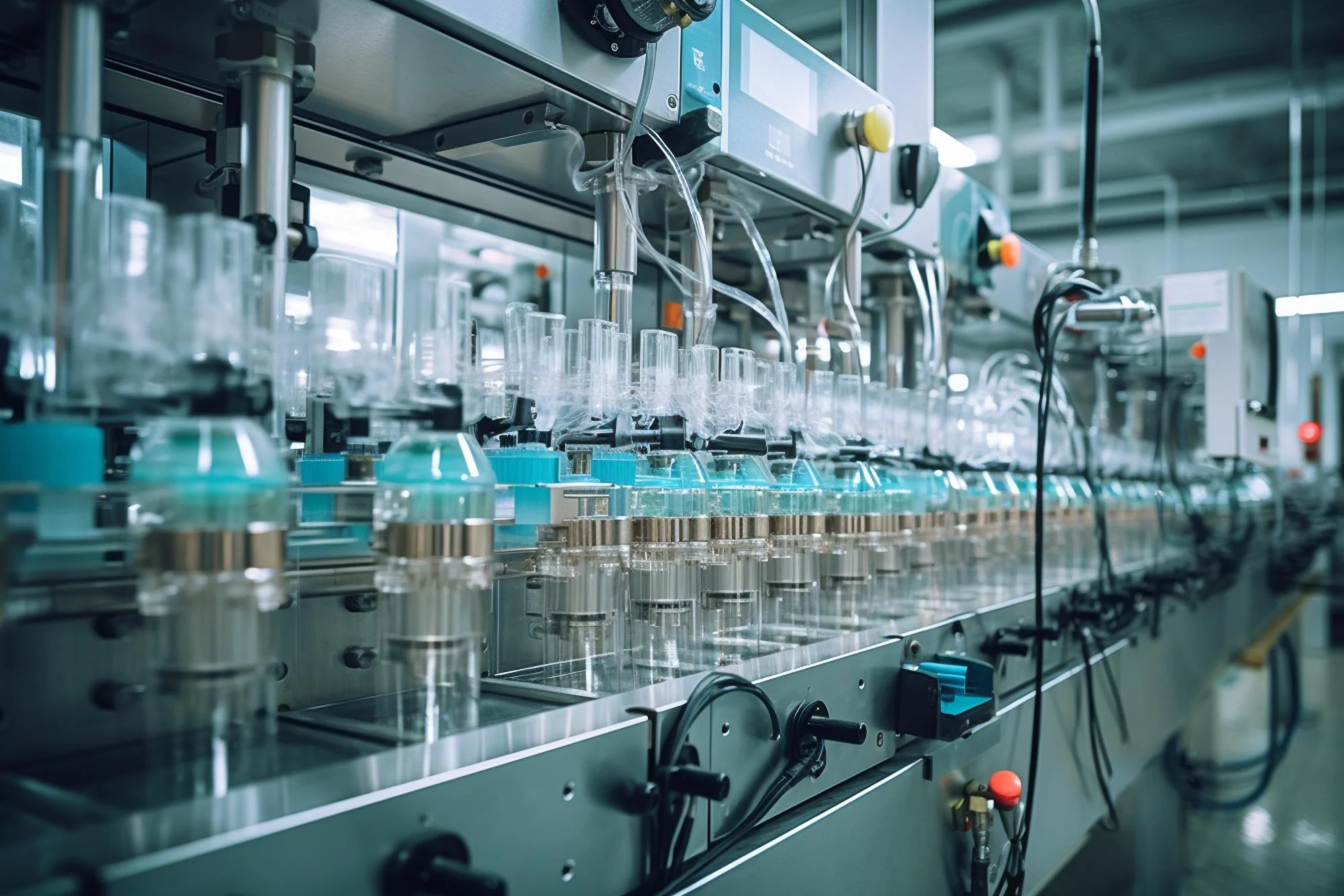 High-precision pharmaceutical machinery and automated filling line representing the life sciences manufacturing sectors supported by Pixerts' B2B industrial web design.