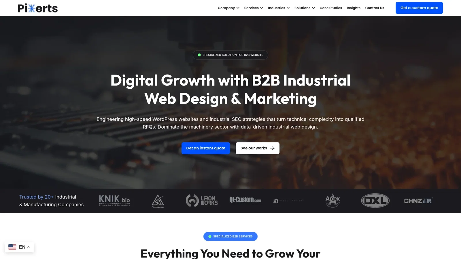 Pixerts: B2B industrial web design with SEO strategies tailored to automotive and machinery sectors, ensuring fast RFQs and increased traffic.