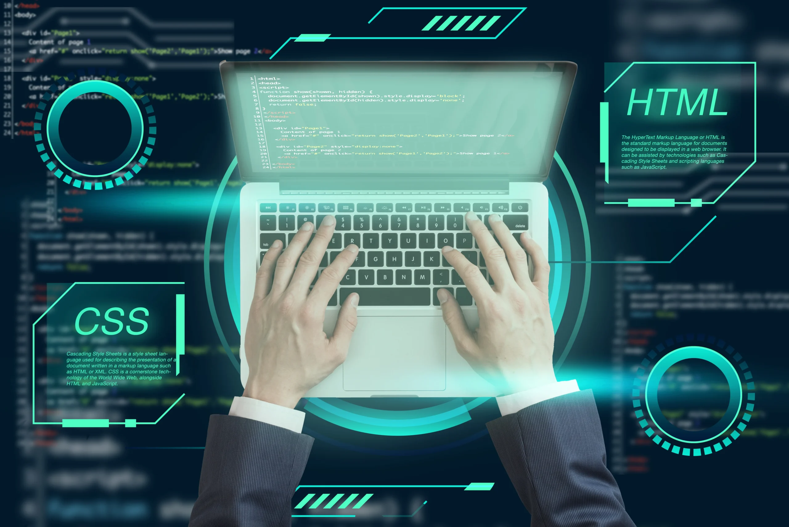 Developer's hands on a laptop keyboard with floating HTML and CSS graphics for industrial web development.