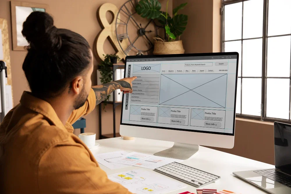 UX designer at Pixerts creating an industrial equipment catalog wireframe in Figma.