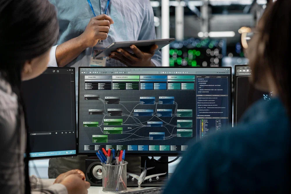 Technical design team collaborating on a complex software node-map for an industrial application.