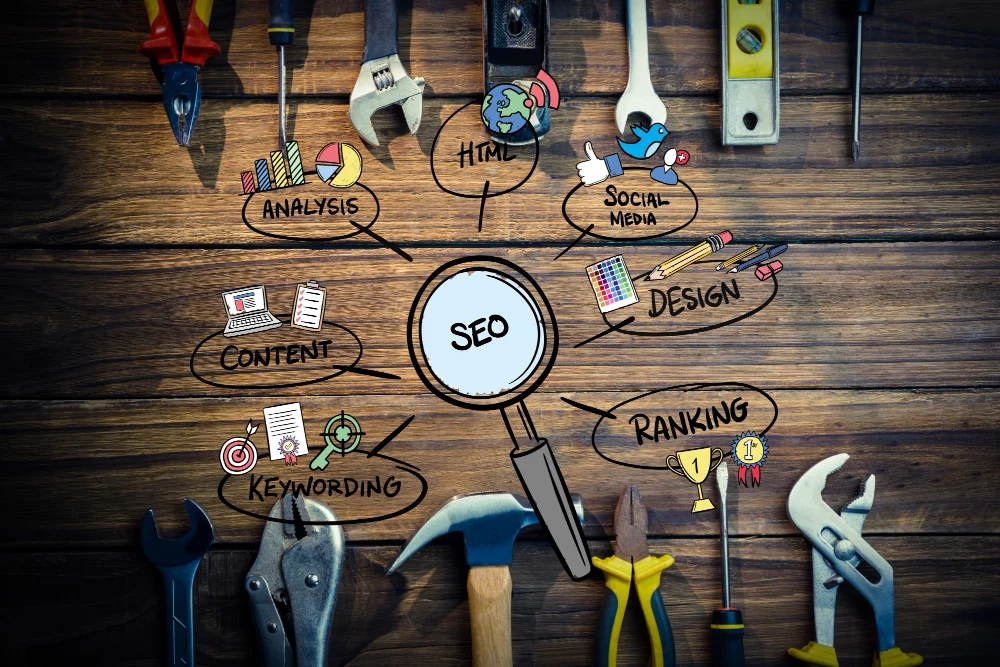 Hand-drawn SEO strategy map for industrial websites featuring tools, keywords, and technical ranking pillars.