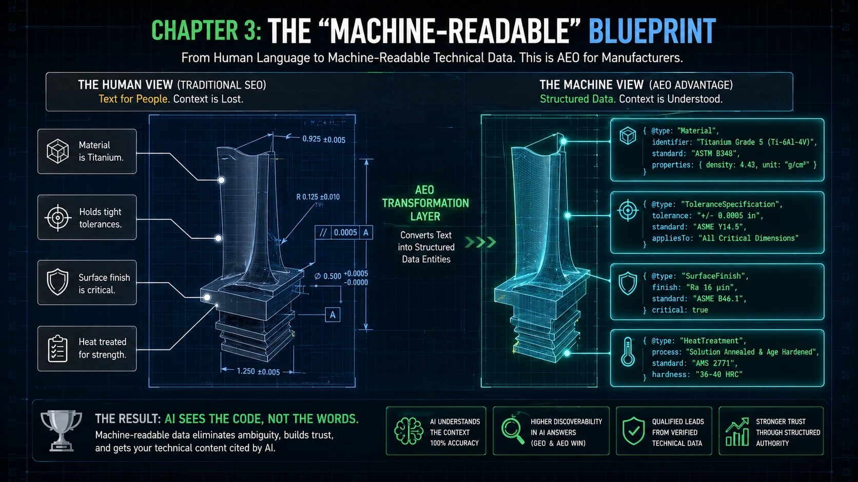 A technical diagram of a machined aerospace part contrasting generic human descriptions with embedded machine-readable JSON-LD schema data for advanced answer engine optimization (AEO).