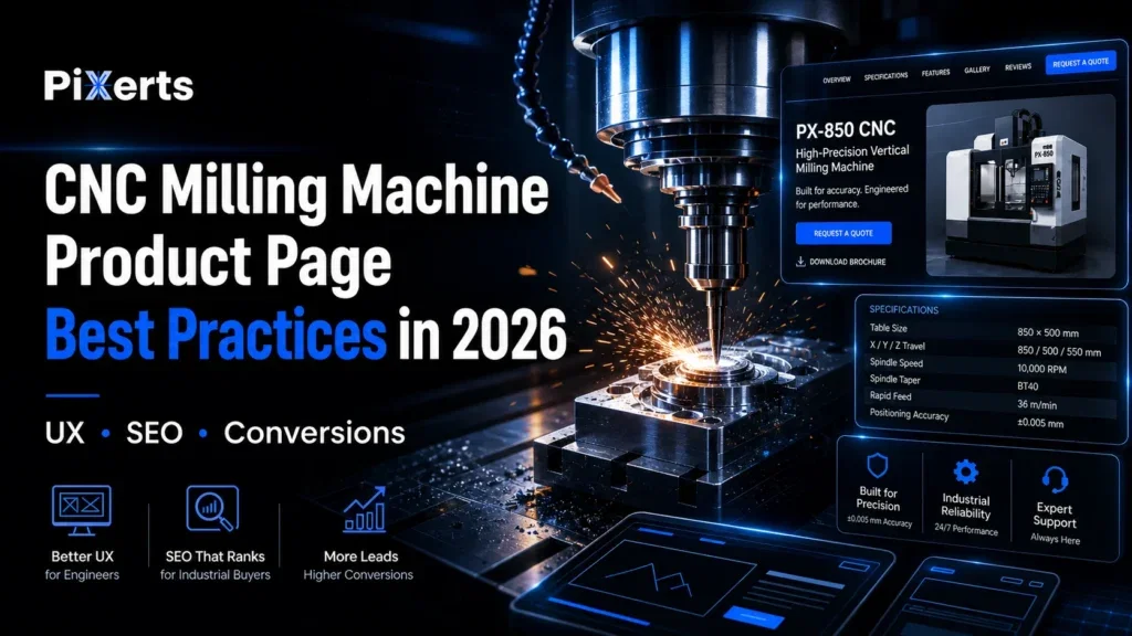 CNC milling machine product page design thumbnail showing Pixerts logo, CNC machining, UX, SEO, and conversion-focused website elements.