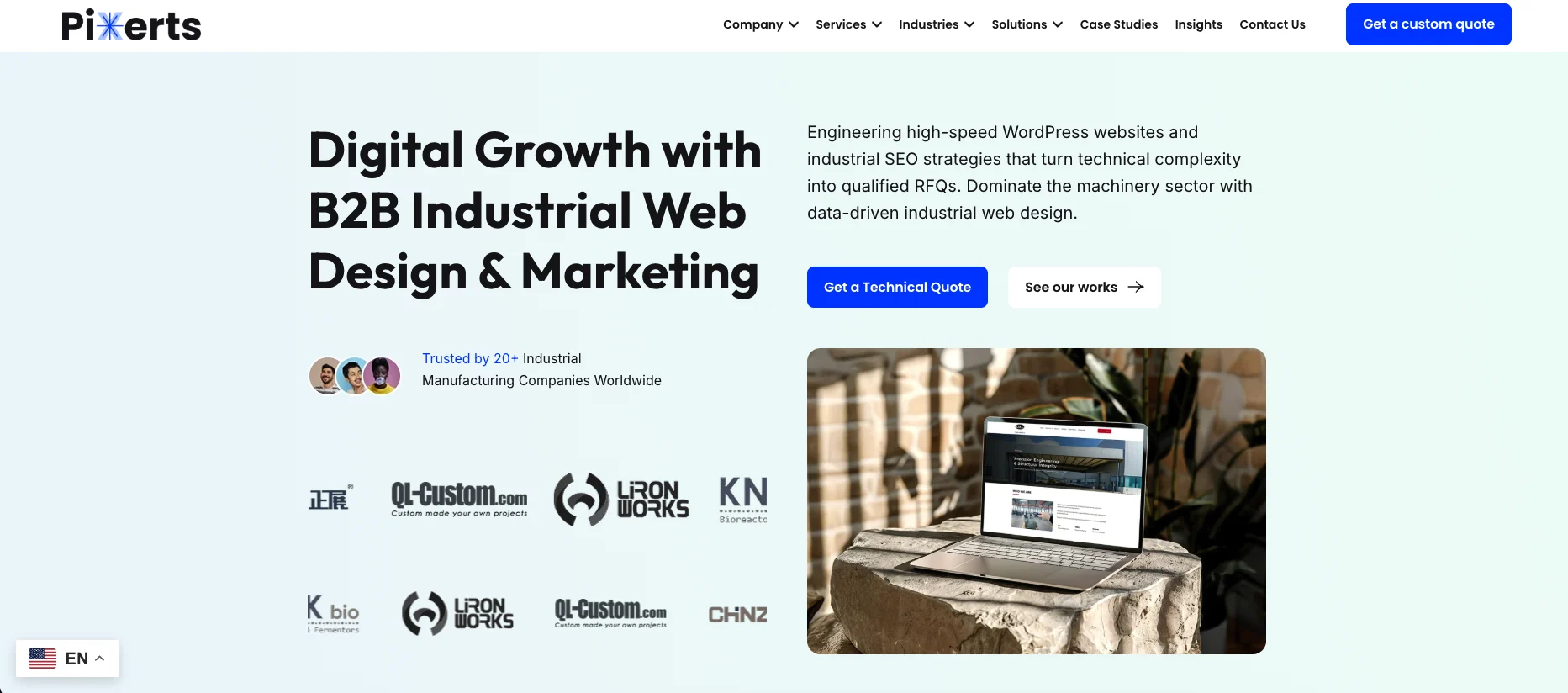 Pixerts is a dedicated B2B Industrial UX and UI design agency built exclusively for the industrial machinery, CNC machining, and heavy manufacturing sectors. We do not design consumer eCommerce sites. We do not build SaaS dashboards for HR companies. We engineer digital twins of high-performance shop floors.