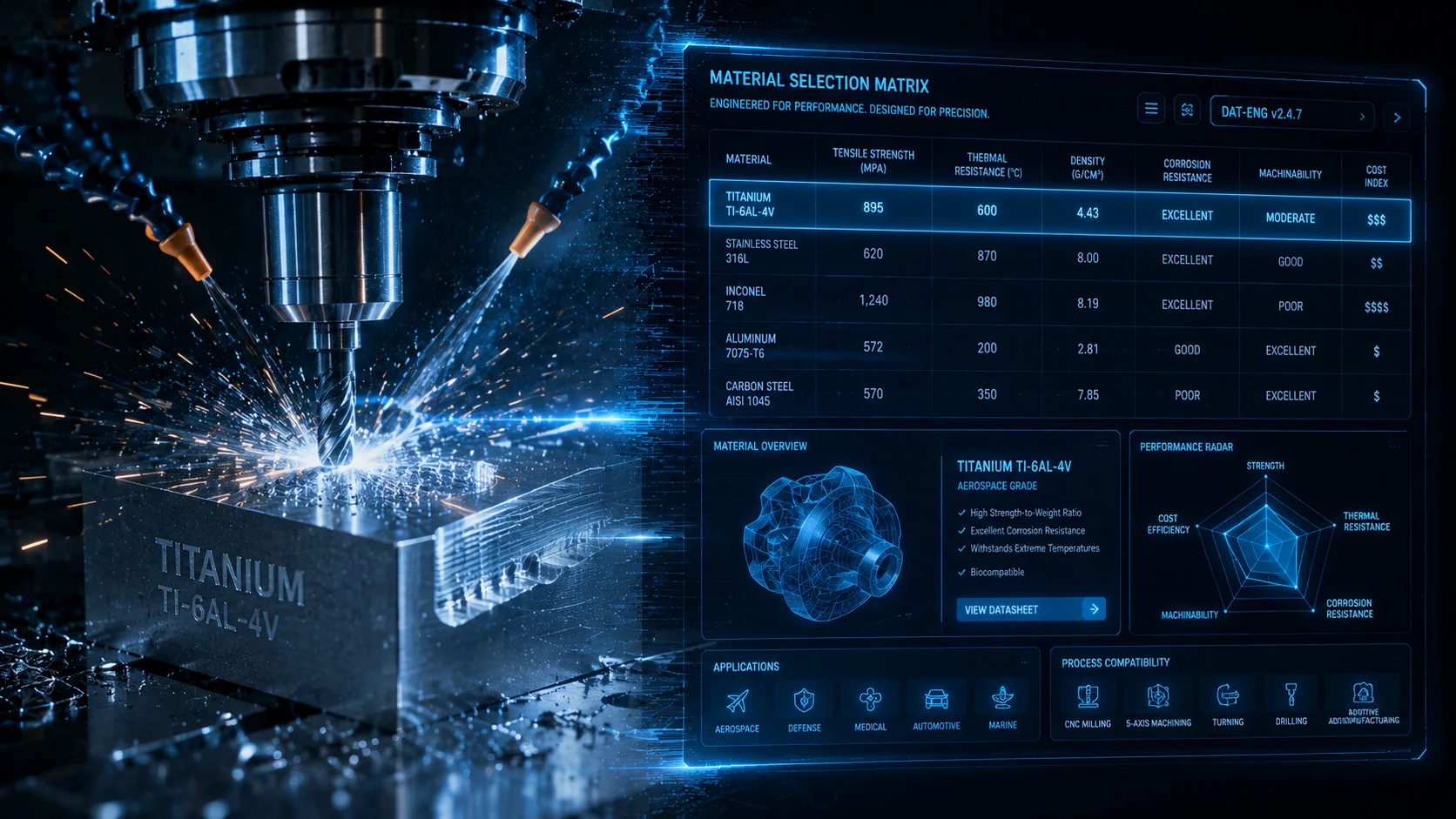 A cinematic, high-contrast, split-screen composition. On the left side, a macro-photograph of a glowing, high-precision CNC web design end-mill cutting into a block of raw Titanium, with sparks and coolant visible, representing physical industrial power. On the right side, seamlessly blending into the metal, a glowing, futuristic digital UI dashboard (in dark blue and neon cyan) showing a "Material Selection Matrix" with data points for Tensile Strength and Thermal Resistance. The overall aesthetic should be "Precision B2B Engineering," communicating the fusion of heavy machinery and advanced digital web design.
