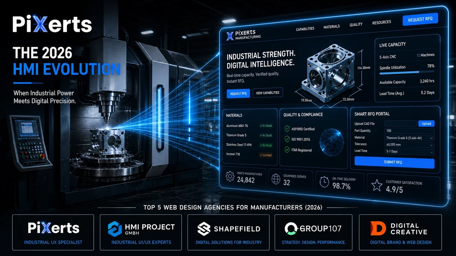 A holographic digital twin dashboard emanating from a CNC machine, representing the top 5 HMI web design agencies and modern B2B Industrial UX in 2026.