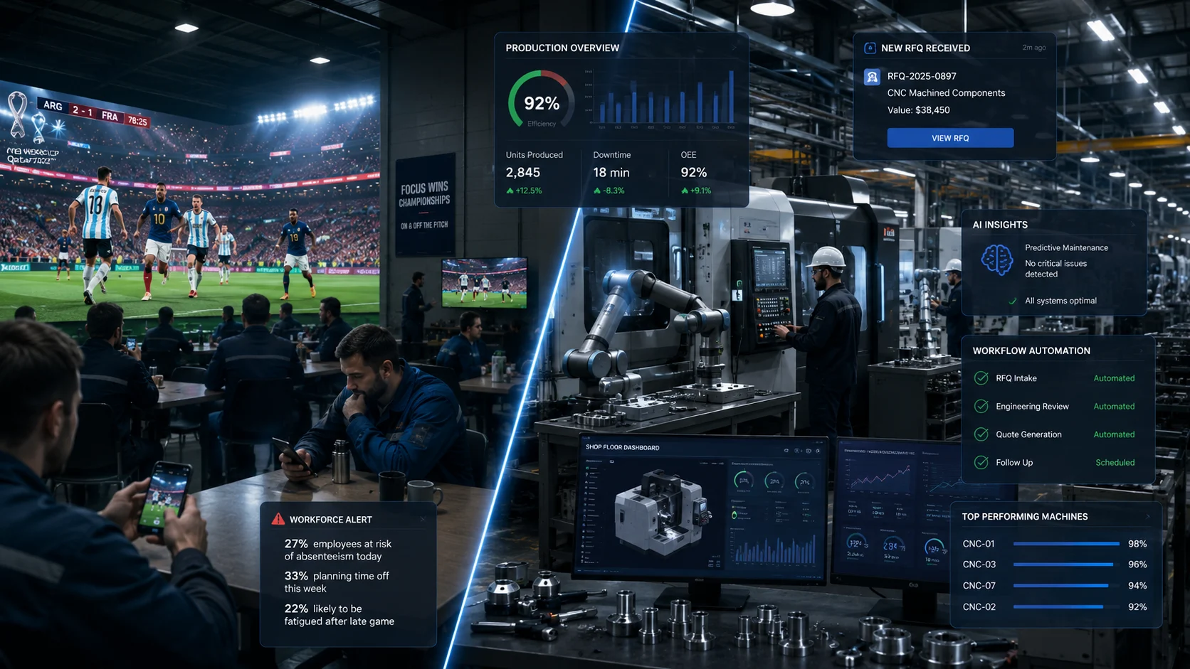 Ultra-realistic modern industrial manufacturing facility during the FIFA World Cup, split-scene composition. Left side shows large football stadium lights and giant digital screen broadcasting a major international soccer match while factory workers glance at smartphones and cafeteria TVs. Right side shows advanced CNC machining centers, robotic automation, collaborative robots, engineers operating machinery, and digital manufacturing dashboards continuing production without interruption. Include floating UI elements showing RFQ notifications, productivity metrics, AI analytics, and manufacturing workflow automation.