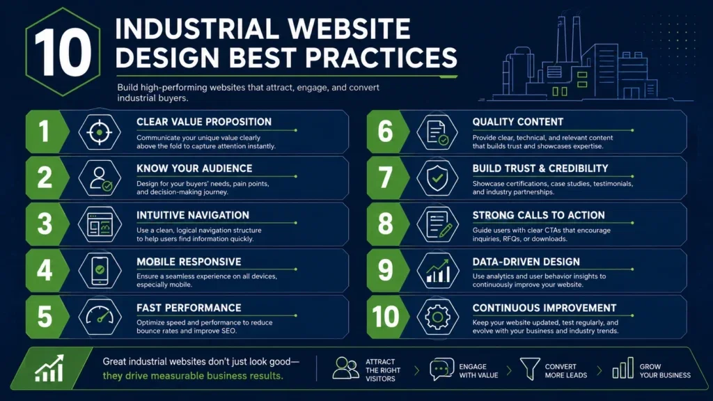 Infographic listing 10 industrial website design best practices for manufacturing companies, including 8px grid system, RFQ funnel optimization, Core Web Vitals compliance, and AEO-ready content architecture