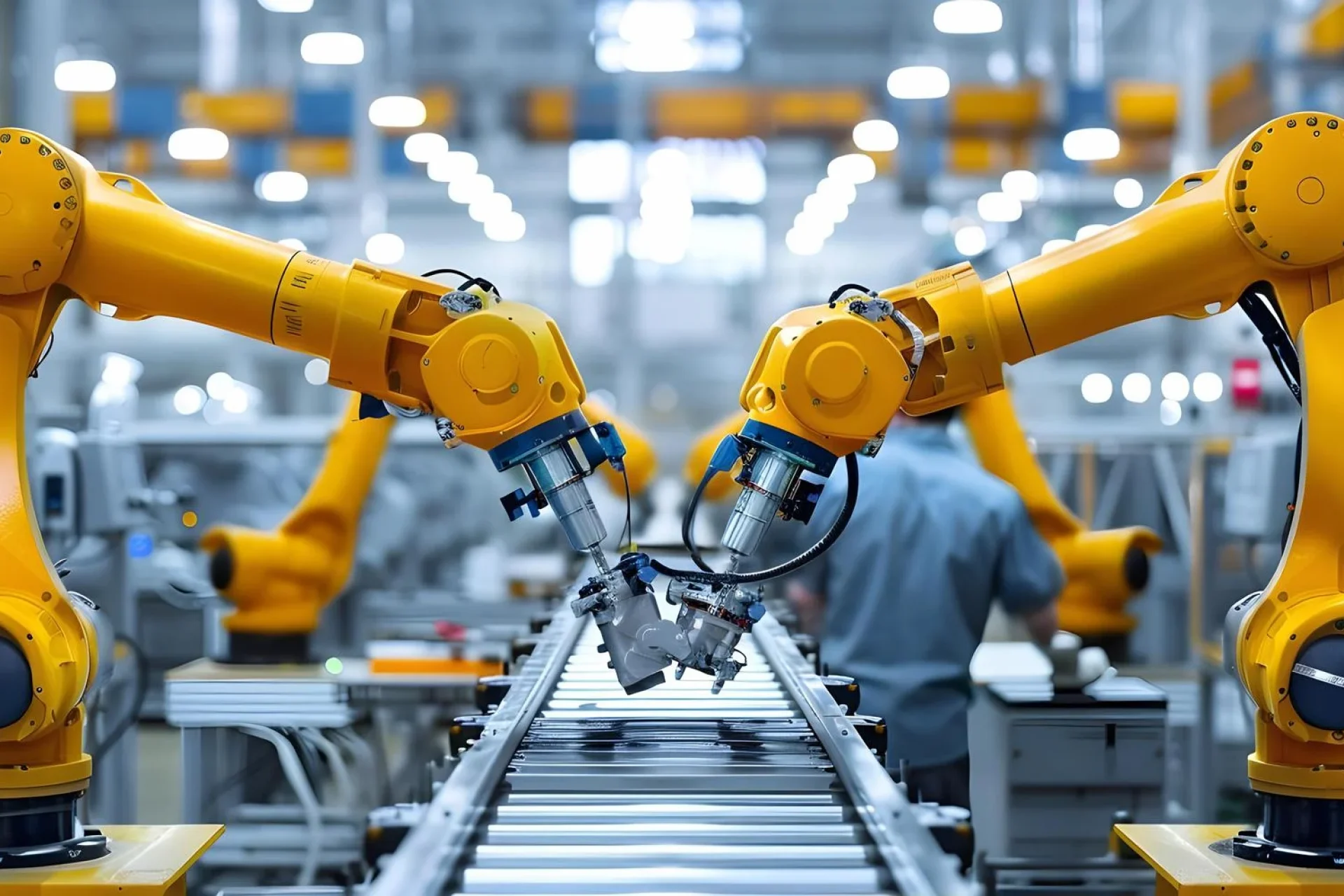 Advanced industrial robotics and automation assembly line representing the high-tech manufacturing sectors Pixerts supports with B2B industrial web design.
