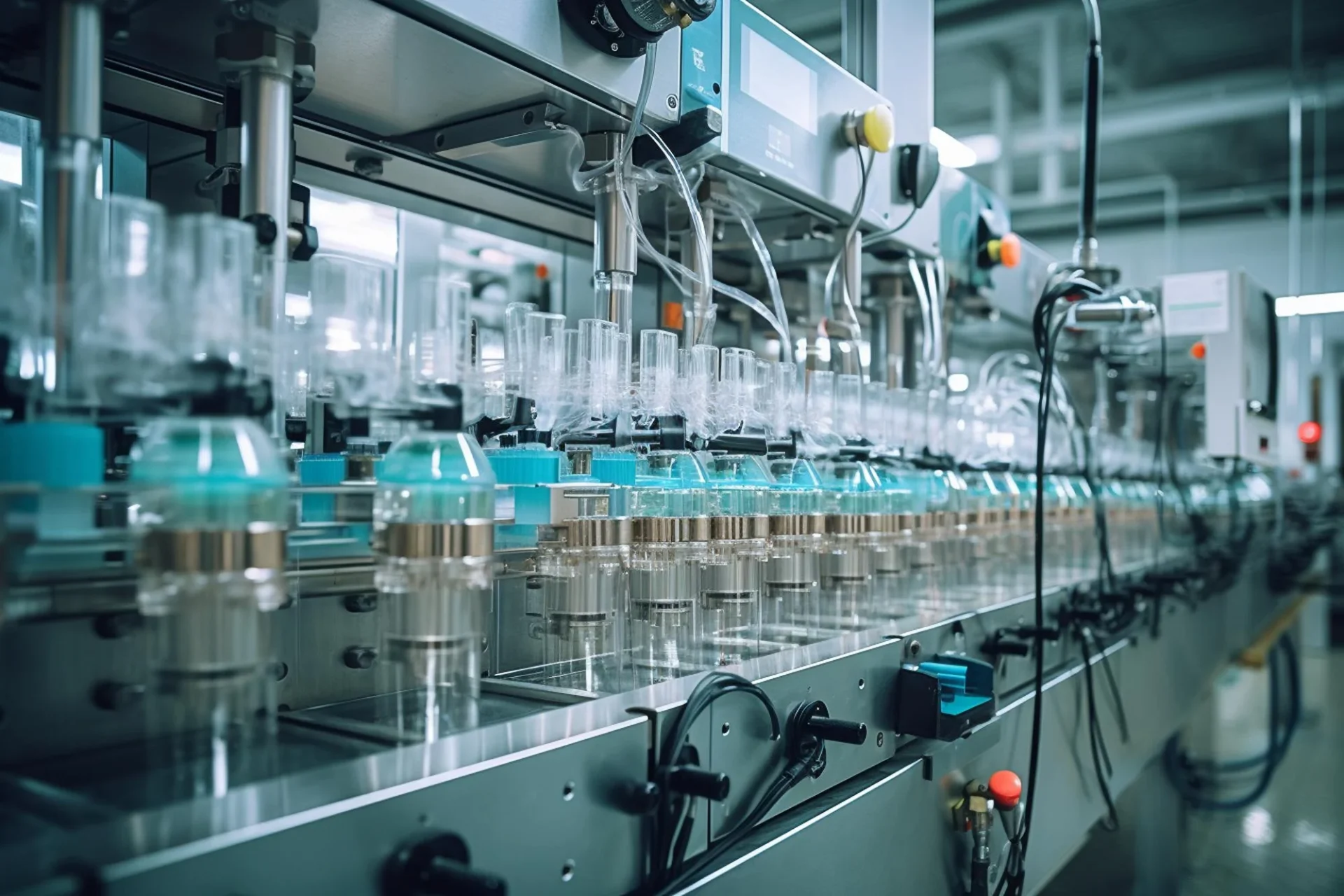 High-precision pharmaceutical machinery and automated filling line representing the life sciences manufacturing sectors supported by Pixerts' B2B industrial web design.